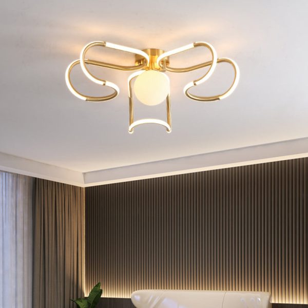 Contemporary Scandinavian Curved Line Round Acrylic Copper LED Semi-Flush Mount Ceiling Light For Living Room - Image 2