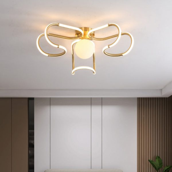 Contemporary Scandinavian Curved Line Round Acrylic Copper LED Semi-Flush Mount Ceiling Light For Living Room - Image 3