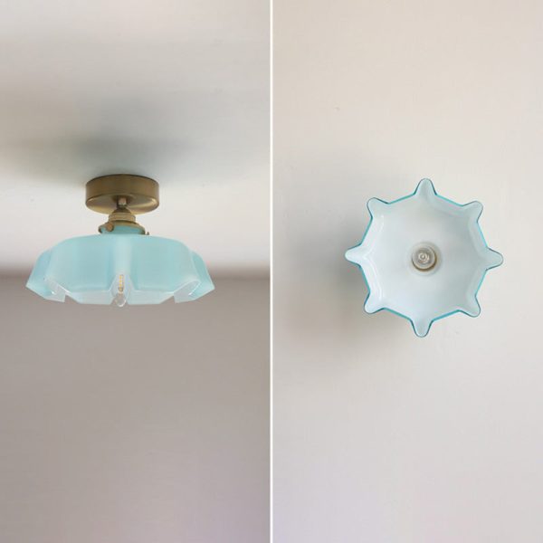 Traditional French Brass Glass Iron Round Folded 1-Light Semi-Flush Mount Ceiling Light For Hallway - Image 11