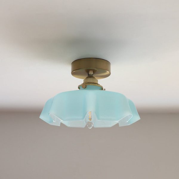 Traditional French Brass Glass Iron Round Folded 1-Light Semi-Flush Mount Ceiling Light For Hallway - Image 4