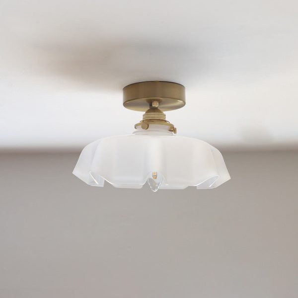 Traditional French Brass Glass Iron Round Folded 1-Light Semi-Flush Mount Ceiling Light For Hallway - Image 5