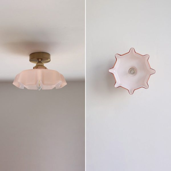 Traditional French Brass Glass Iron Round Folded 1-Light Semi-Flush Mount Ceiling Light For Hallway - Image 9