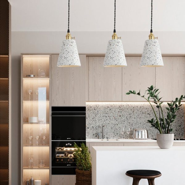 Contemporary Nordic Terrazzo Brass Round Cylinder Conic 1-Light Pendant Light For Dining Room - Image 4