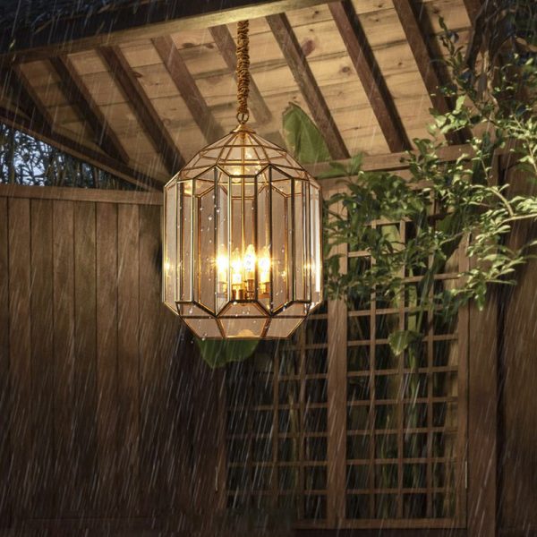 Modern Mid-century Waterproof Copper Glass Cage Rhombic Cylinder 1/3/4 Light Chandeliers For Outdoor Patio - Image 2