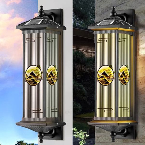 Traditional Chinese Solar Waterproof Aluminum Glass Landscape Cylinder LED Wall Sconce Lamp For Outdoor Patio - Image 15