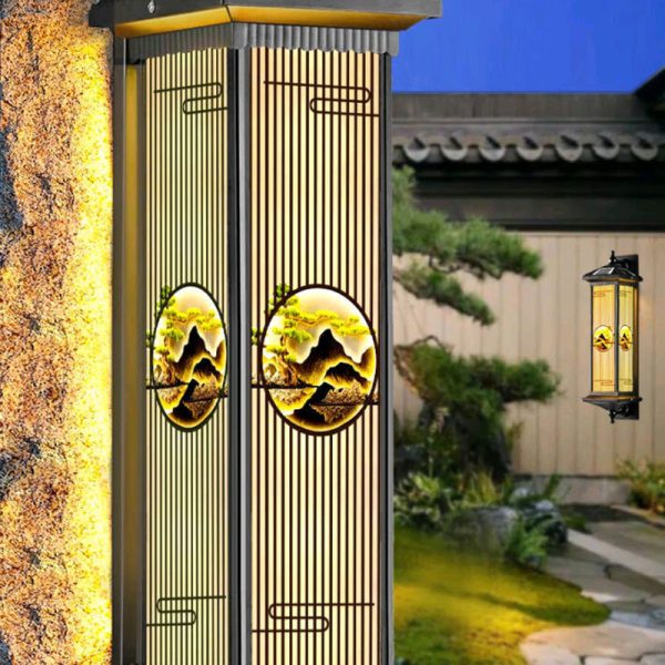 Traditional Chinese Solar Waterproof Aluminum Glass Landscape Cylinder LED Wall Sconce Lamp For Outdoor Patio - Image 11