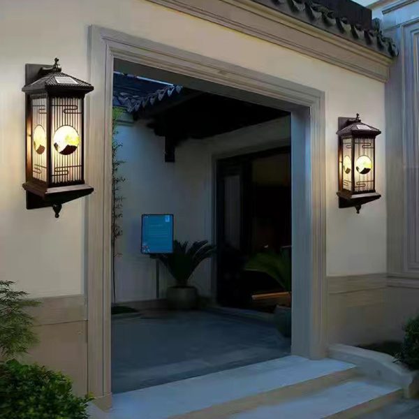 Traditional Chinese Solar Waterproof Aluminum Glass Landscape Cylinder LED Wall Sconce Lamp For Outdoor Patio - Image 3