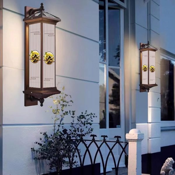 Traditional Chinese Solar Waterproof Aluminum Glass Landscape Cylinder LED Wall Sconce Lamp For Outdoor Patio - Image 4