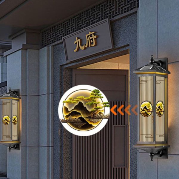 Traditional Chinese Solar Waterproof Aluminum Glass Landscape Cylinder LED Wall Sconce Lamp For Outdoor Patio - Image 12