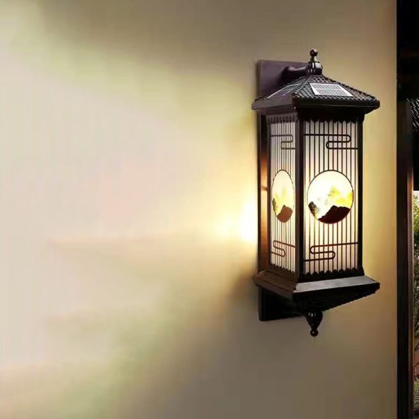Traditional Chinese Solar Waterproof Aluminum Glass Landscape Cylinder LED Wall Sconce Lamp For Outdoor Patio - Image 17