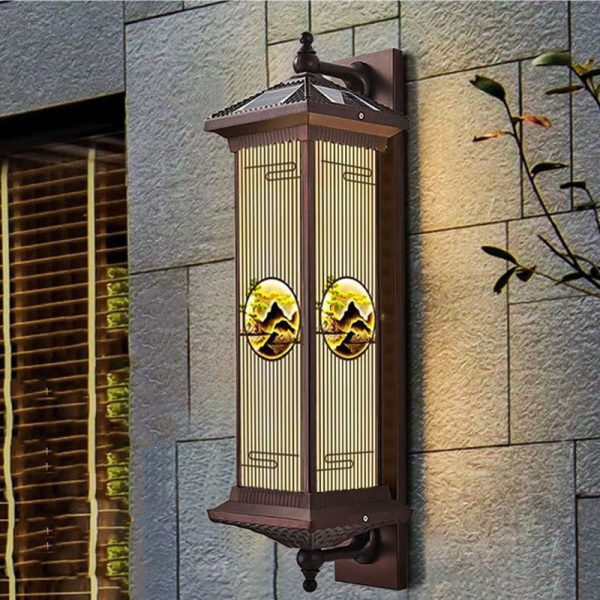 Traditional Chinese Solar Waterproof Aluminum Glass Landscape Cylinder LED Wall Sconce Lamp For Outdoor Patio - Image 5