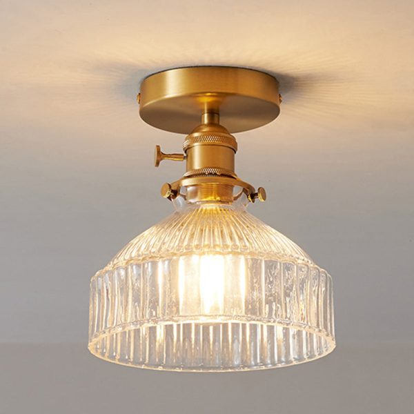 Traditional Japanese Brass Glass Bowl Cylinder Ripple 1-Light Semi-Flush Mount Ceiling Light For Hallway - Image 2