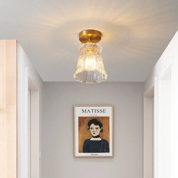 Traditional Japanese Brass Glass Bowl Cylinder Ripple 1-Light Semi-Flush Mount Ceiling Light For Hallway - Image 18