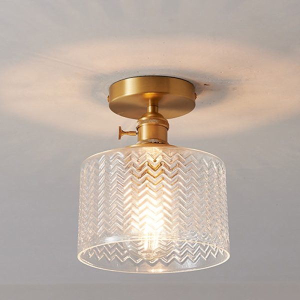 Traditional Japanese Brass Glass Bowl Cylinder Ripple 1-Light Semi-Flush Mount Ceiling Light For Hallway - Image 7