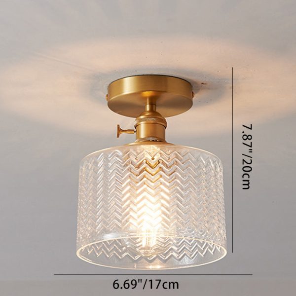 Traditional Japanese Brass Glass Bowl Cylinder Ripple 1-Light Semi-Flush Mount Ceiling Light For Hallway - Image 12