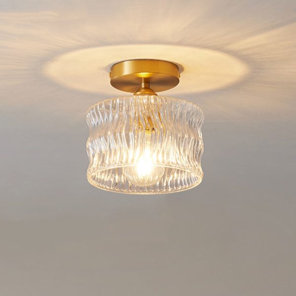 Traditional Japanese Brass Glass Bowl Cylinder Ripple 1-Light Semi-Flush Mount Ceiling Light For Hallway - Image 22