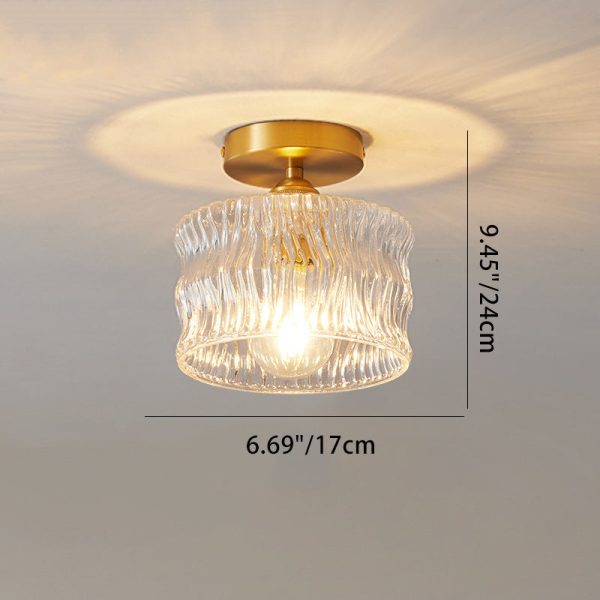 Traditional Japanese Brass Glass Bowl Cylinder Ripple 1-Light Semi-Flush Mount Ceiling Light For Hallway - Image 13