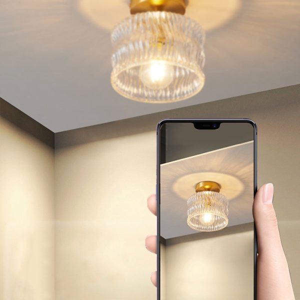 Traditional Japanese Brass Glass Bowl Cylinder Ripple 1-Light Semi-Flush Mount Ceiling Light For Hallway - Image 23