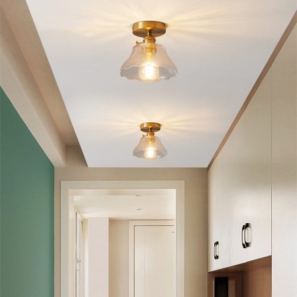 Traditional Japanese Brass Glass Bowl Cylinder Ripple 1-Light Semi-Flush Mount Ceiling Light For Hallway - Image 21