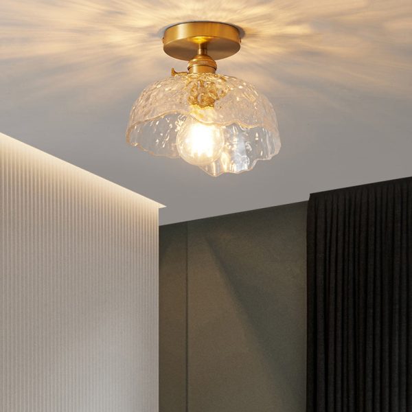 Traditional Japanese Brass Glass Bowl Cylinder Ripple 1-Light Semi-Flush Mount Ceiling Light For Hallway - Image 3