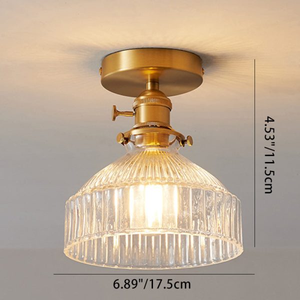 Traditional Japanese Brass Glass Bowl Cylinder Ripple 1-Light Semi-Flush Mount Ceiling Light For Hallway - Image 8