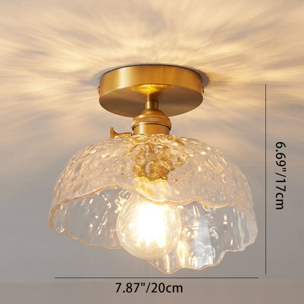 Traditional Japanese Brass Glass Bowl Cylinder Ripple 1-Light Semi-Flush Mount Ceiling Light For Hallway - Image 9