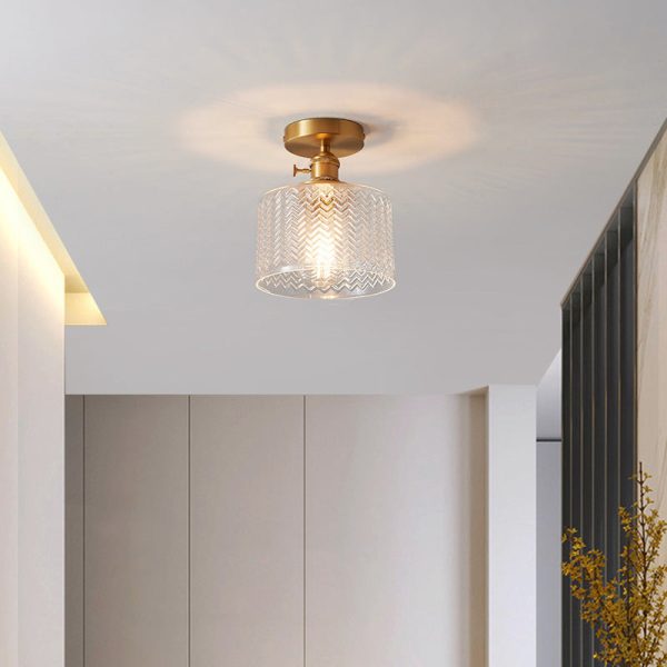Traditional Japanese Brass Glass Bowl Cylinder Ripple 1-Light Semi-Flush Mount Ceiling Light For Hallway - Image 20