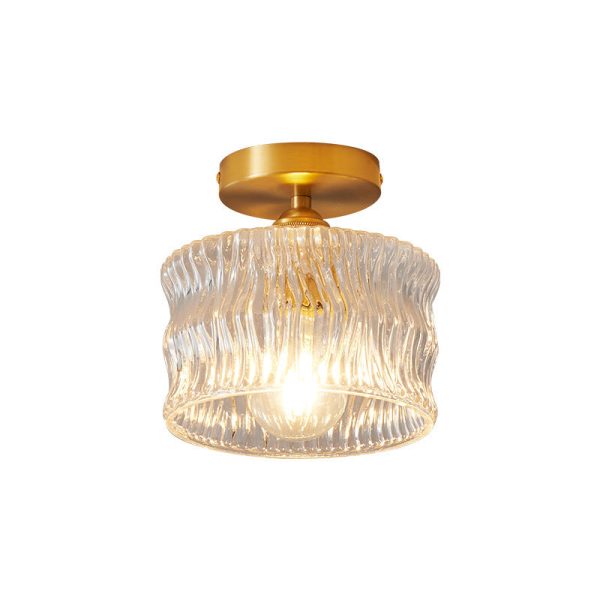 Traditional Japanese Brass Glass Bowl Cylinder Ripple 1-Light Semi-Flush Mount Ceiling Light For Hallway - Image 24