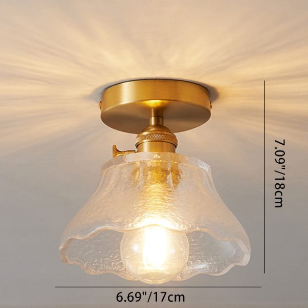Traditional Japanese Brass Glass Bowl Cylinder Ripple 1-Light Semi-Flush Mount Ceiling Light For Hallway - Image 10
