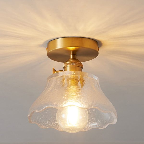 Traditional Japanese Brass Glass Bowl Cylinder Ripple 1-Light Semi-Flush Mount Ceiling Light For Hallway - Image 4