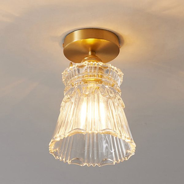 Traditional Japanese Brass Glass Bowl Cylinder Ripple 1-Light Semi-Flush Mount Ceiling Light For Hallway - Image 5