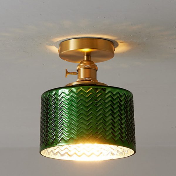 Traditional Japanese Brass Glass Bowl Cylinder Ripple 1-Light Semi-Flush Mount Ceiling Light For Hallway - Image 6