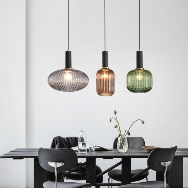 Contemporary Scandinavian Metal Glass Cylinder Striped Lantern 1-Light Pendant Light For Dining Room - Image 2