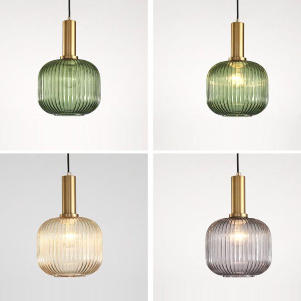 Contemporary Scandinavian Metal Glass Cylinder Striped Lantern 1-Light Pendant Light For Dining Room - Image 24
