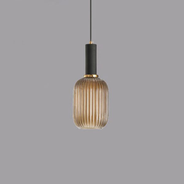 Contemporary Scandinavian Metal Glass Cylinder Striped Lantern 1-Light Pendant Light For Dining Room - Image 27