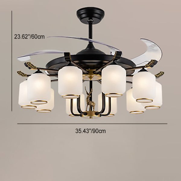 Traditional Chinese Iron Glass ABS Cylinder Deer 10-Light Downrods Ceiling Fan Light For Living Room - Image 6