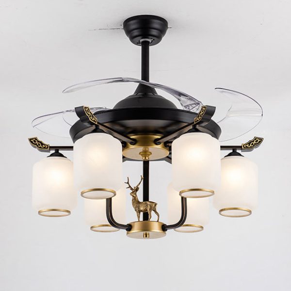 Traditional Chinese Iron Glass ABS Cylinder Deer 10-Light Downrods Ceiling Fan Light For Living Room - Image 18