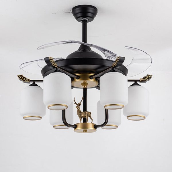 Traditional Chinese Iron Glass ABS Cylinder Deer 10-Light Downrods Ceiling Fan Light For Living Room - Image 19