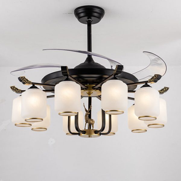 Traditional Chinese Iron Glass ABS Cylinder Deer 10-Light Downrods Ceiling Fan Light For Living Room - Image 14