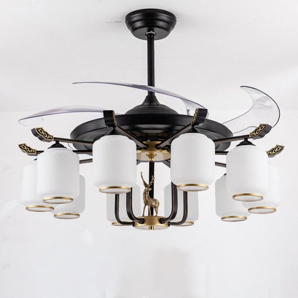 Traditional Chinese Iron Glass ABS Cylinder Deer 10-Light Downrods Ceiling Fan Light For Living Room - Image 15