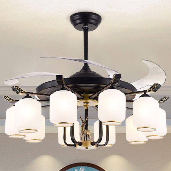 Traditional Chinese Iron Glass ABS Cylinder Deer 10-Light Downrods Ceiling Fan Light For Living Room - Image 10