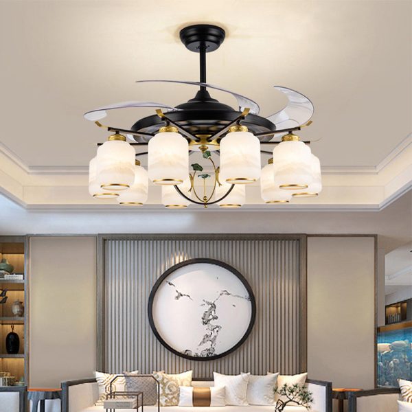 Traditional Chinese Iron Glass ABS Cylinder Deer 10-Light Downrods Ceiling Fan Light For Living Room - Image 4