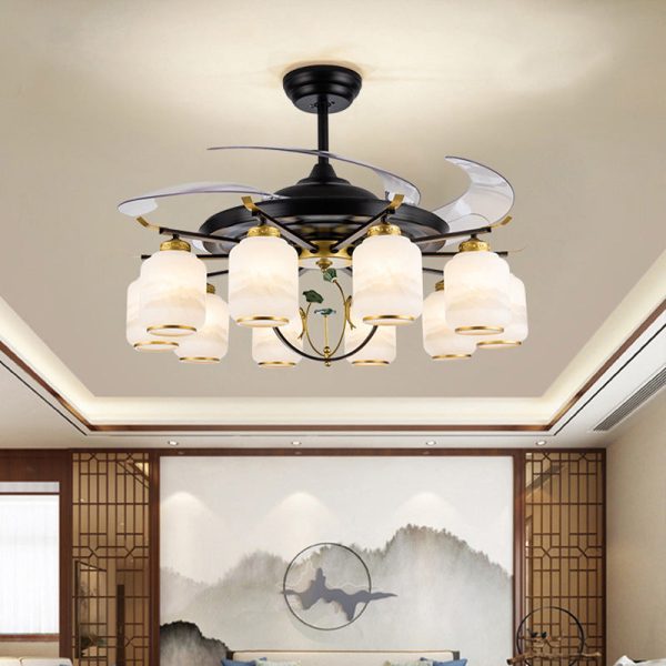 Traditional Chinese Iron Glass ABS Cylinder Deer 10-Light Downrods Ceiling Fan Light For Living Room - Image 11