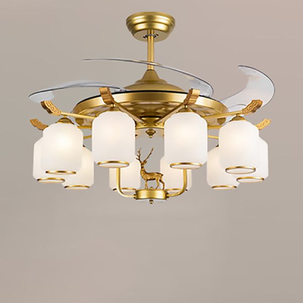 Traditional Chinese Iron Glass ABS Cylinder Deer 10-Light Downrods Ceiling Fan Light For Living Room - Image 5
