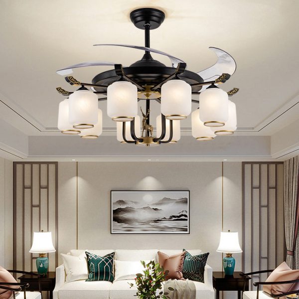 Traditional Chinese Iron Glass ABS Cylinder Deer 10-Light Downrods Ceiling Fan Light For Living Room - Image 3