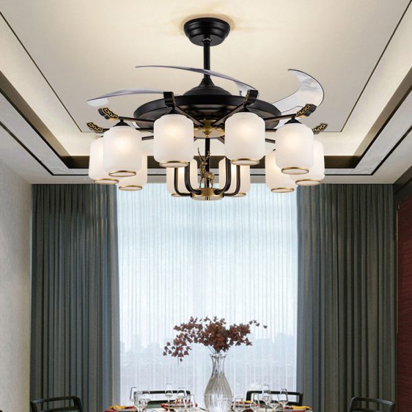 Traditional Chinese Iron Glass ABS Cylinder Deer 10-Light Downrods Ceiling Fan Light For Living Room - Image 2