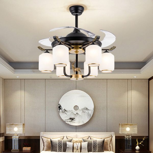 Traditional Chinese Iron Glass ABS Cylinder Deer 10-Light Downrods Ceiling Fan Light For Living Room - Image 16