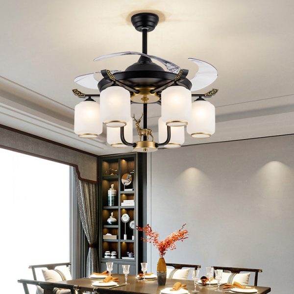 Traditional Chinese Iron Glass ABS Cylinder Deer 10-Light Downrods Ceiling Fan Light For Living Room - Image 17