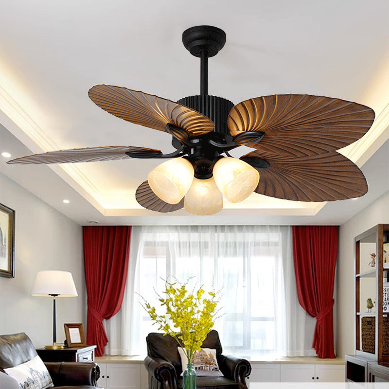 BS-Lighting-LX01675-11.jpg Contemporary Retro Alloy ABS Copper Glass Bell Palm-Leaf 3/5 Light Downrods Ceiling Fan Light For Living Room - Image 1
