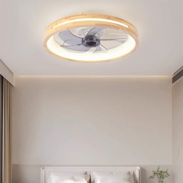 Traditional Japanese Solid Wood Iron Acrylic ABS Round Hollowed LED Flush Mount Ceiling Fan Light For Bedroom - Image 5
